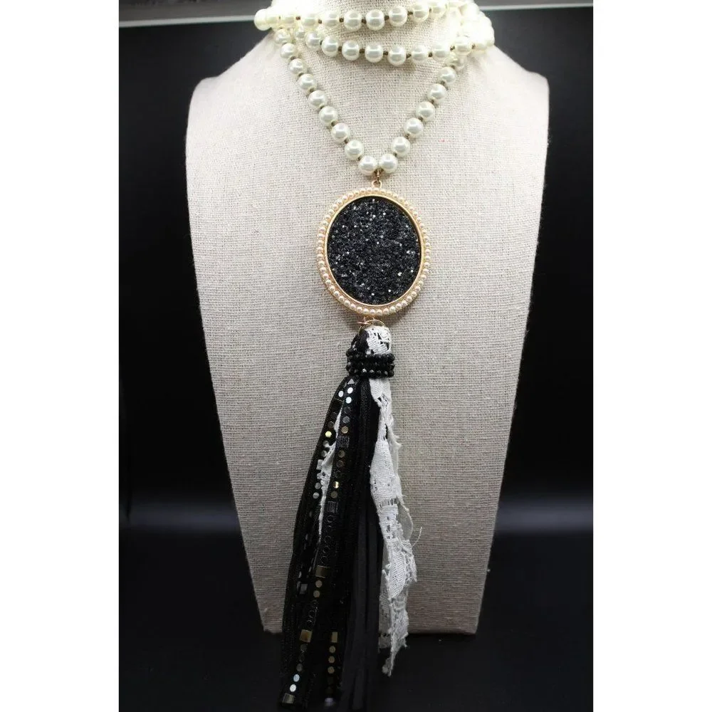 Individual Tied Glass Faux Pearls Druzy Medallion Tassel Long Statement Necklace